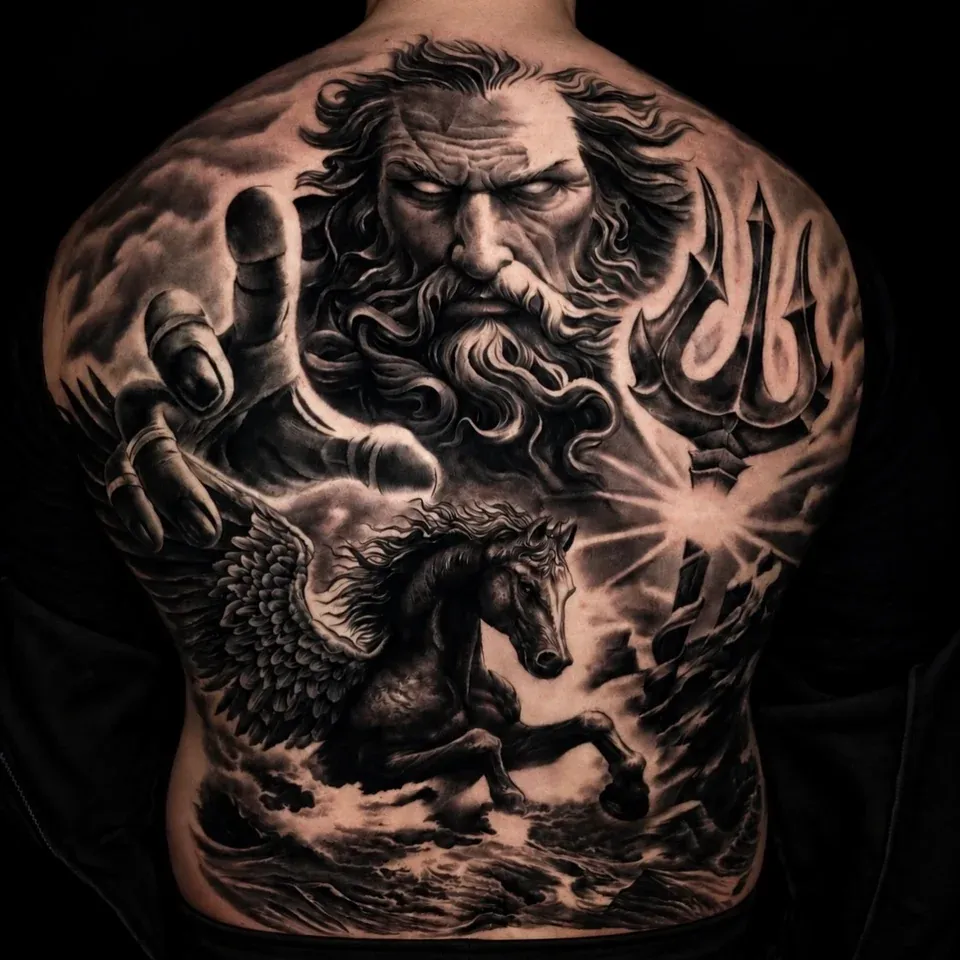 Mythology in detail tattoo by The Mafia Ink Bali