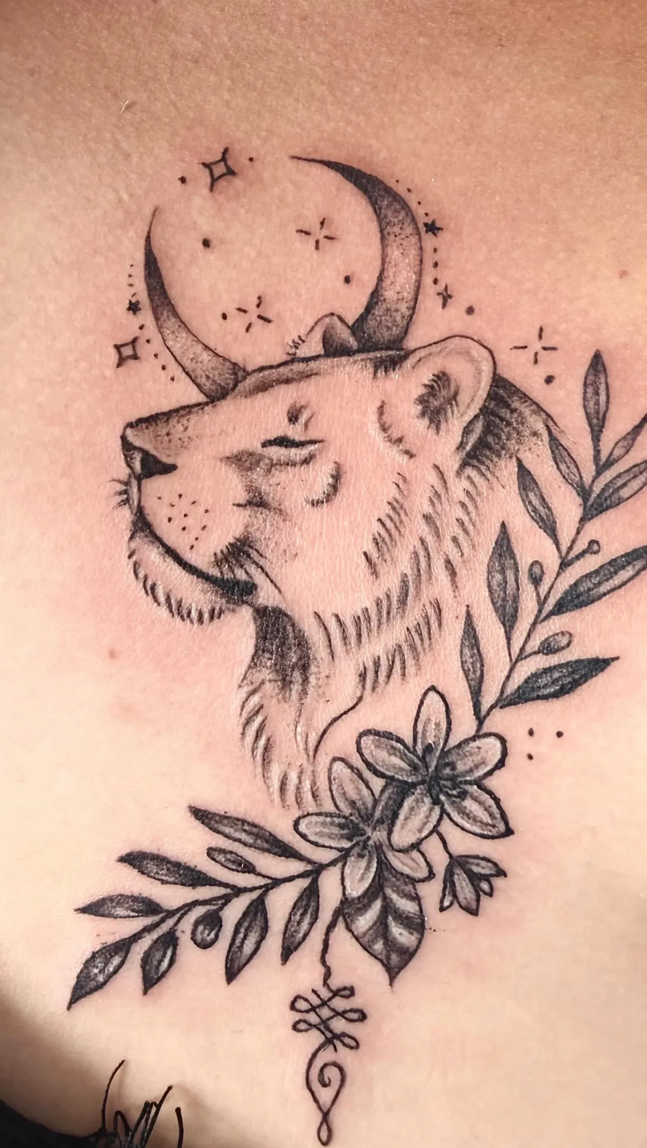 Feline & moon tattoo by The Mafia Ink Bali