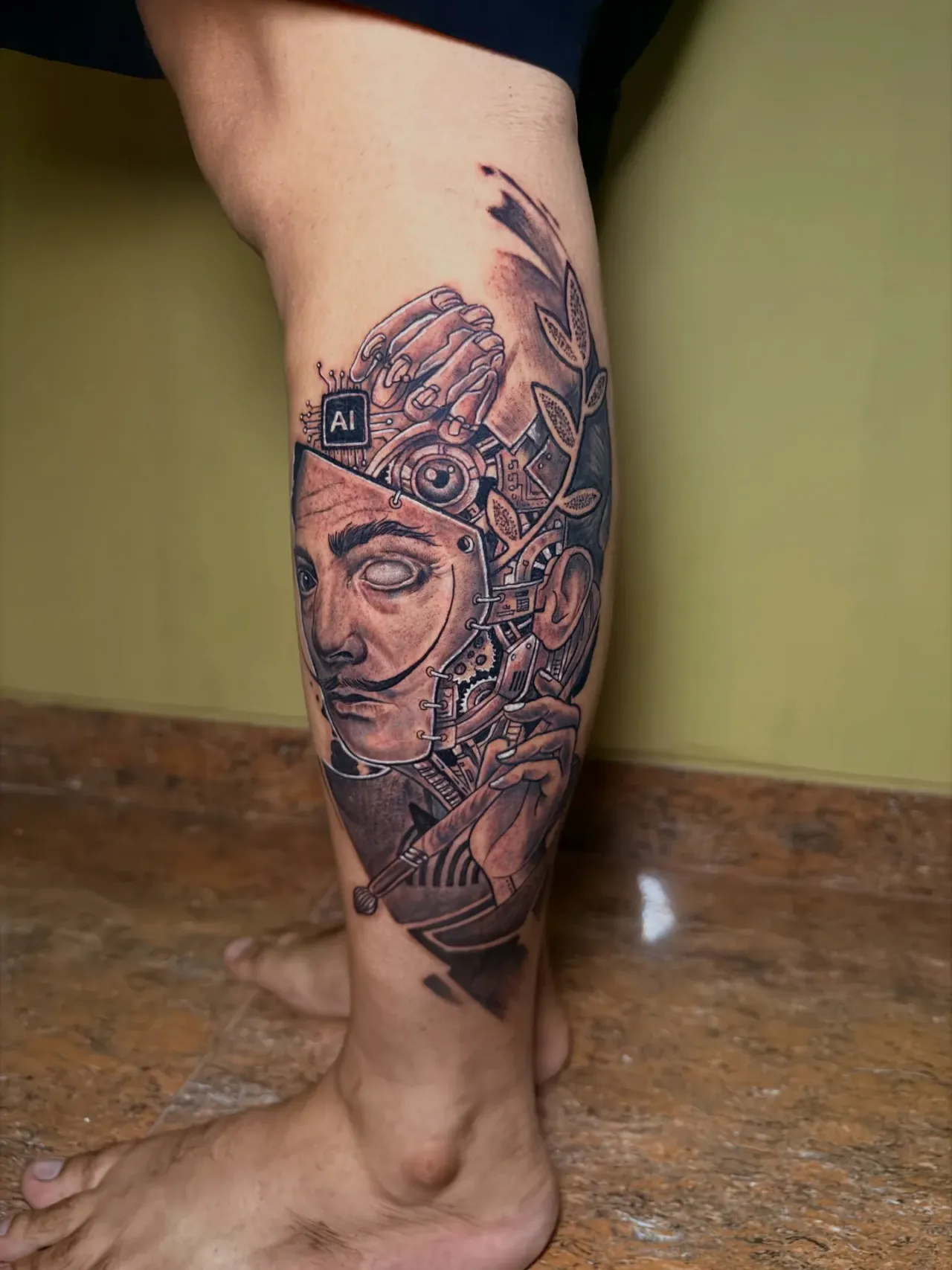 Colour portrait leg piece tattoo by The Mafia Ink Bali