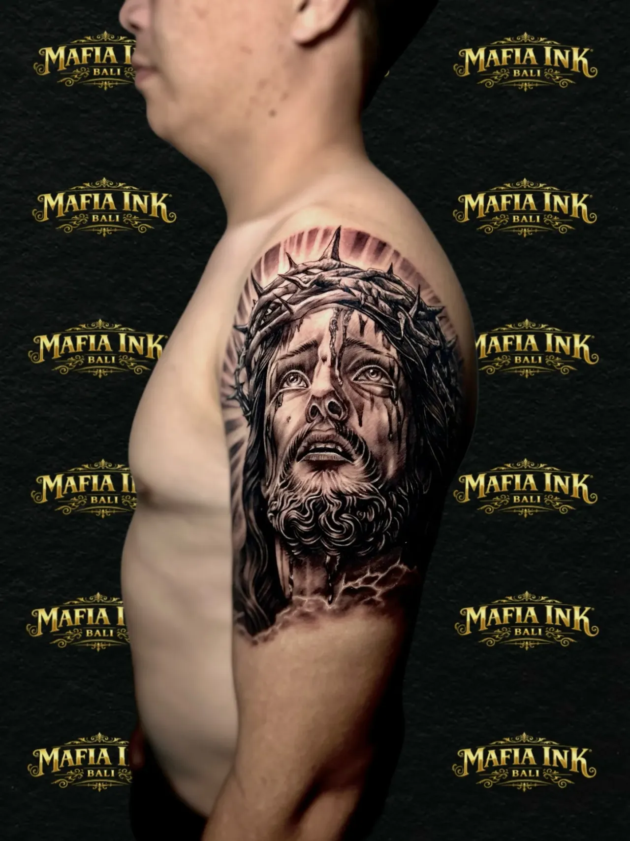 Portrait shoulder piece tattoo by The Mafia Ink Bali