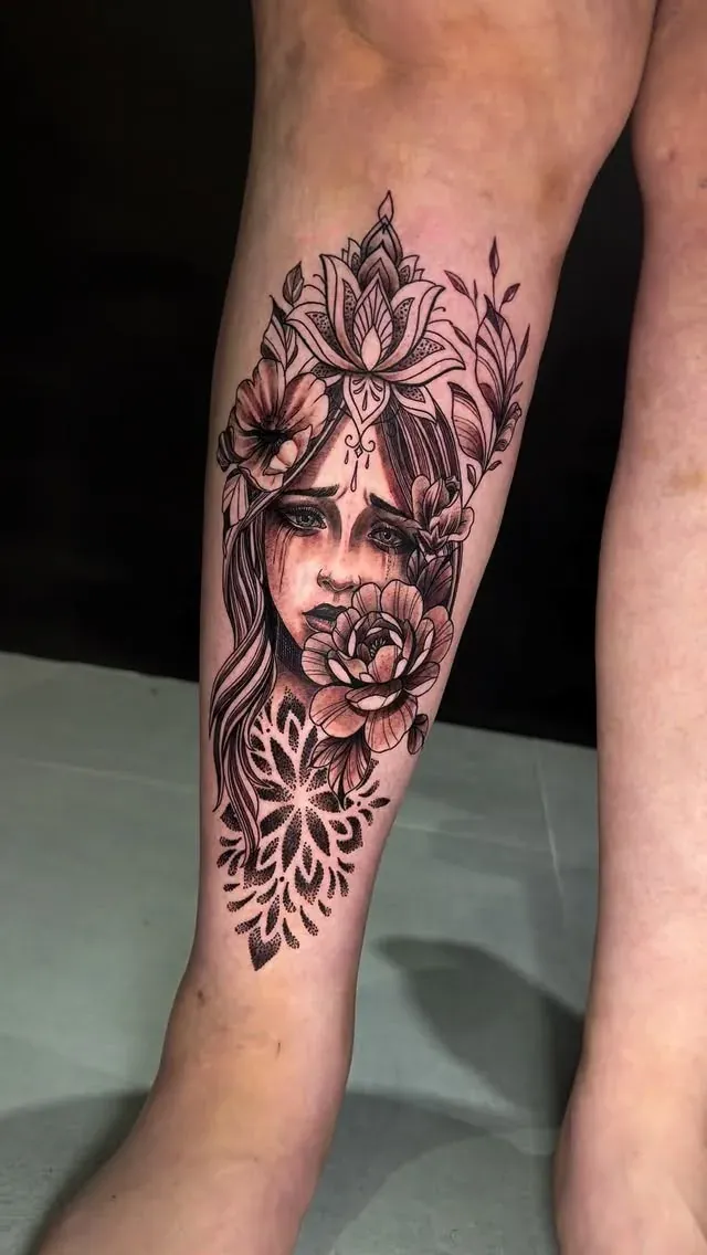 Ornamental leg piece tattoo by The Mafia Ink Bali