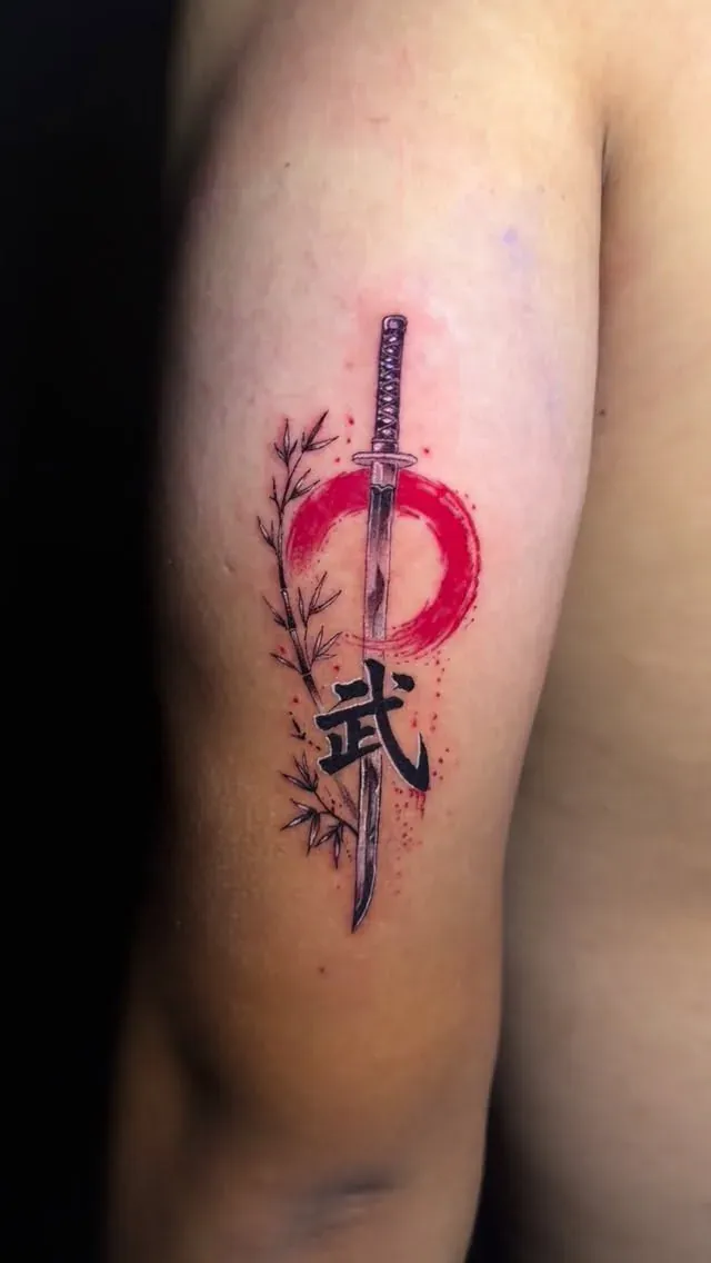 Katana & red sun tattoo by The Mafia Ink Bali