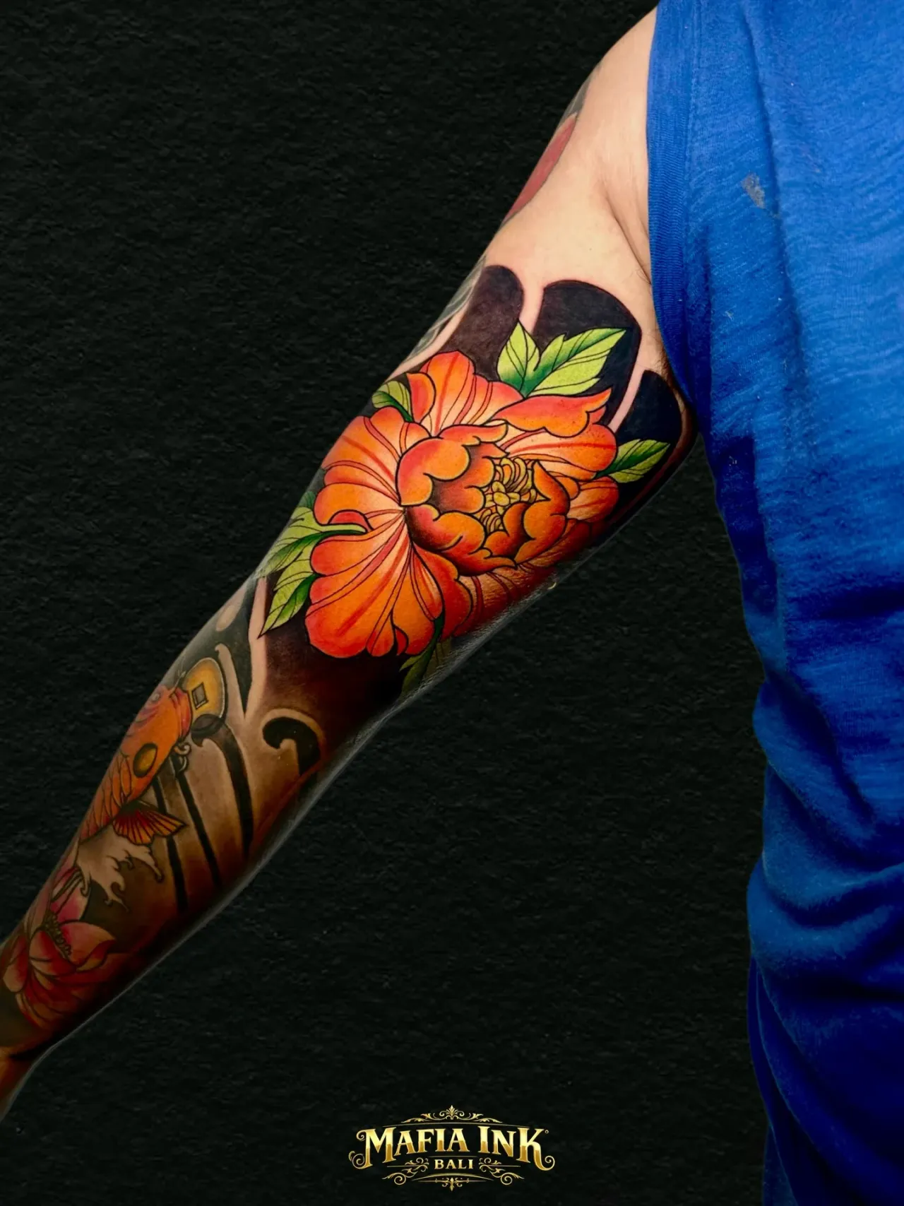 Floral colour sleeve tattoo by The Mafia Ink Bali