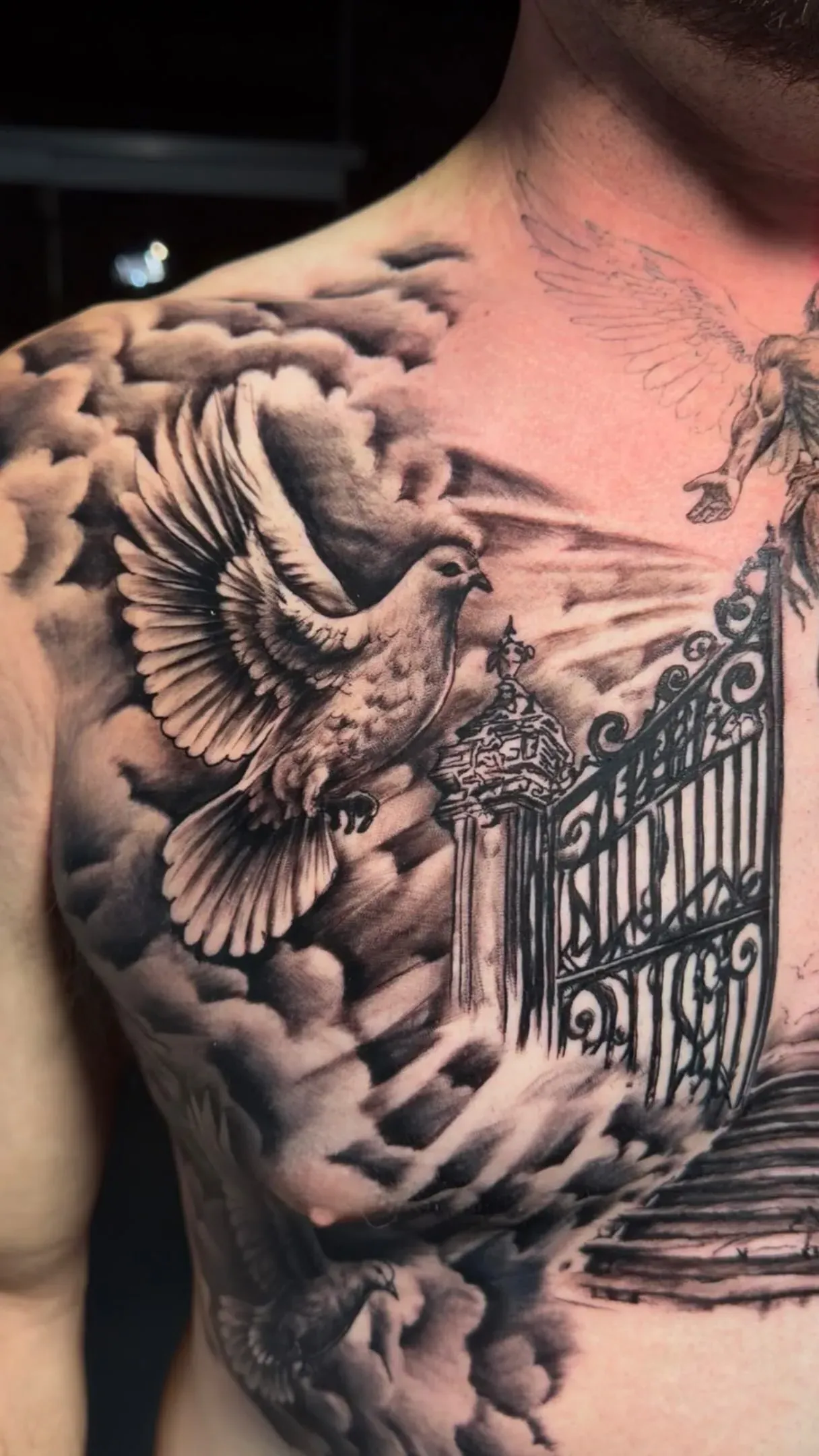 Chest & shoulder piece tattoo by The Mafia Ink Bali
