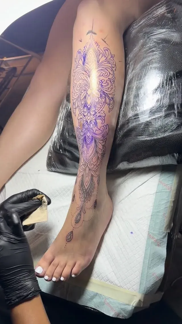 Ornamental leg session tattoo by The Mafia Ink Bali